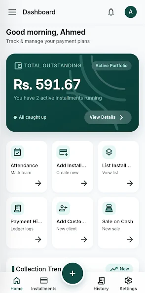 Dashboard with total outstanding balance and quick actions