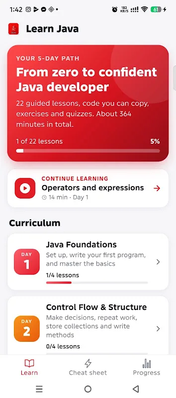 Captura de tela do Learn JAVA in just 5 days 1