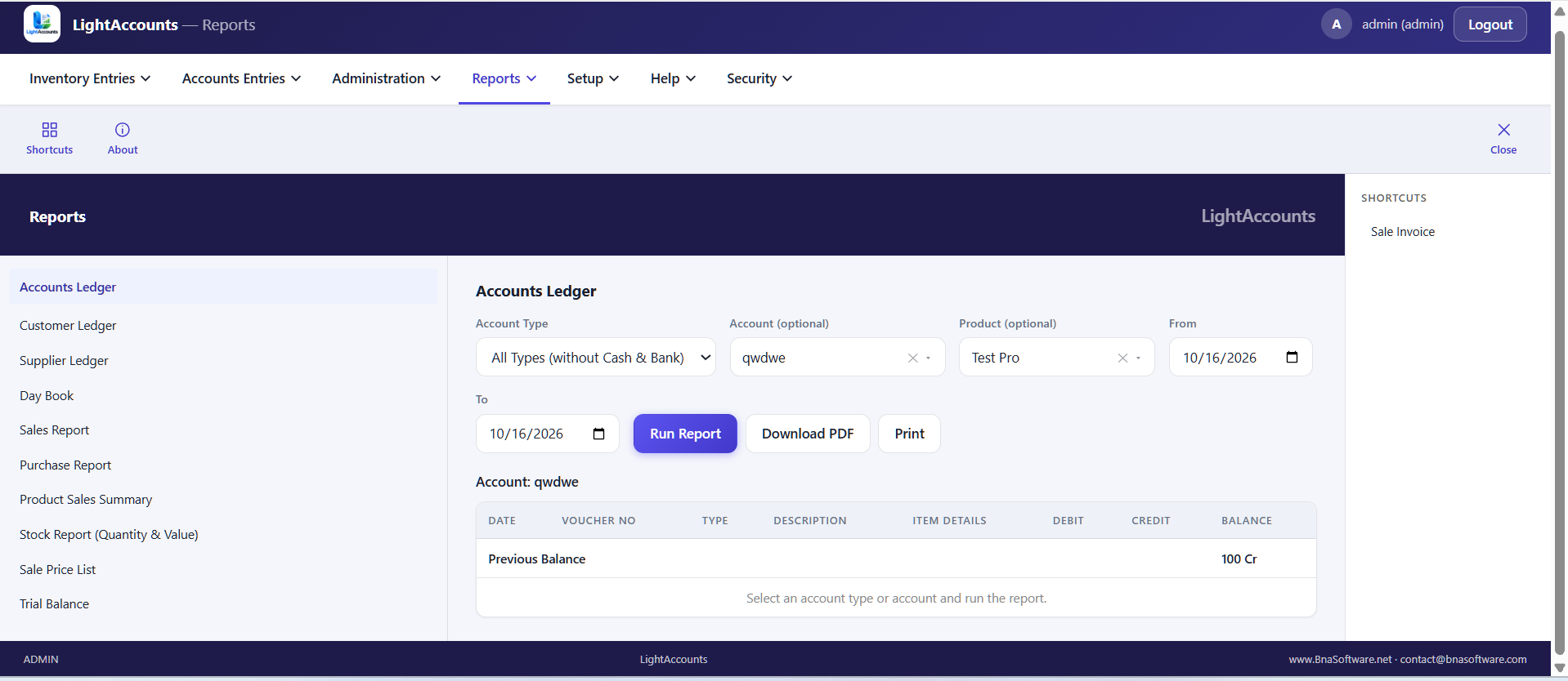 Reports with accounts ledger, trial balance and stock report