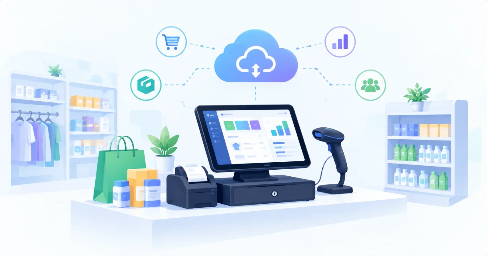 Cloud-based POS system for a small retail shop: POS terminal, receipt printer and barcode scanner connected to the cloud