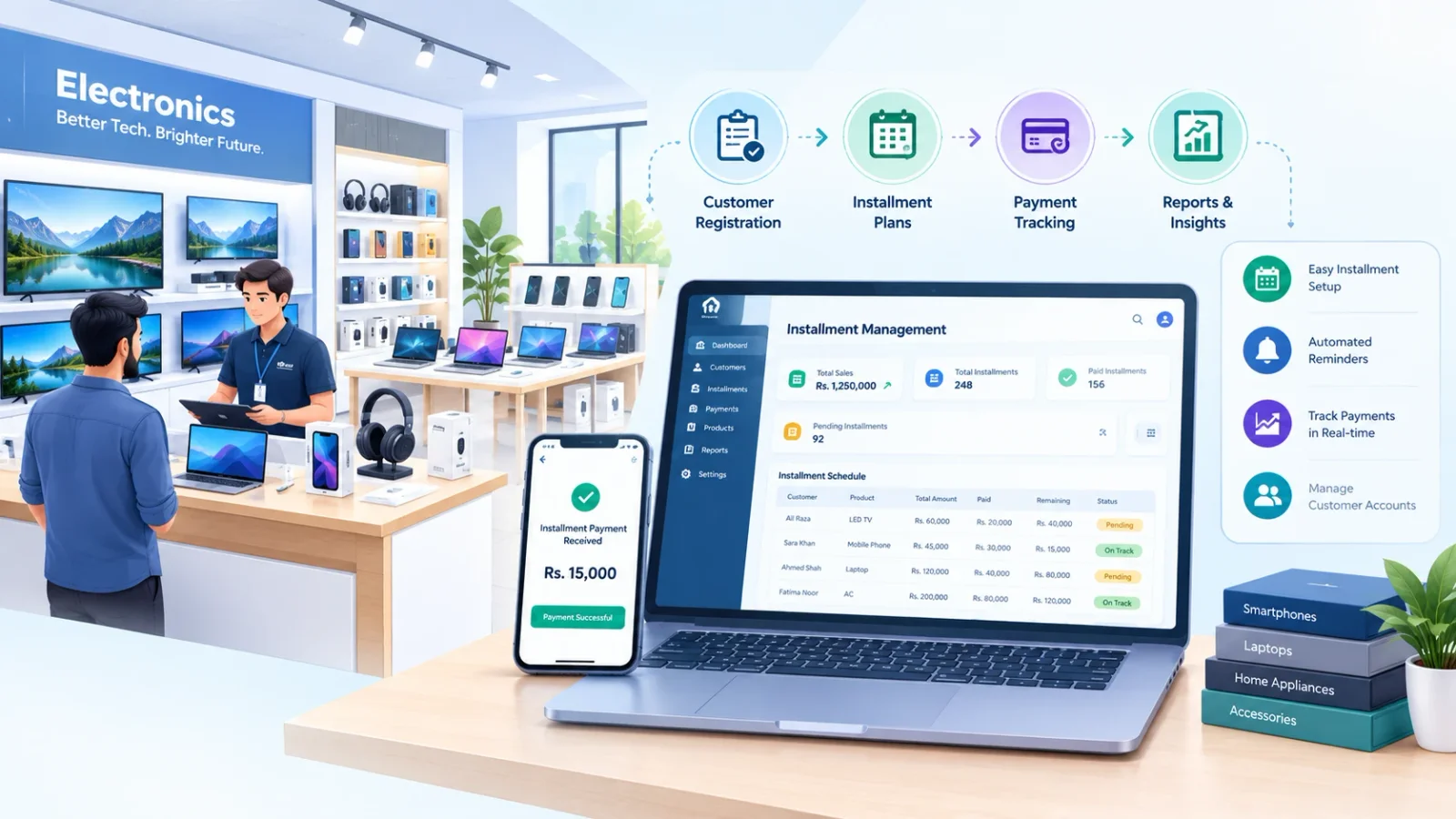 Installment management software for an electronics store with customer plans, payment tracking and reports