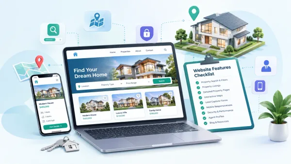 Real estate website features checklist shown on a laptop and phone with property search and listings