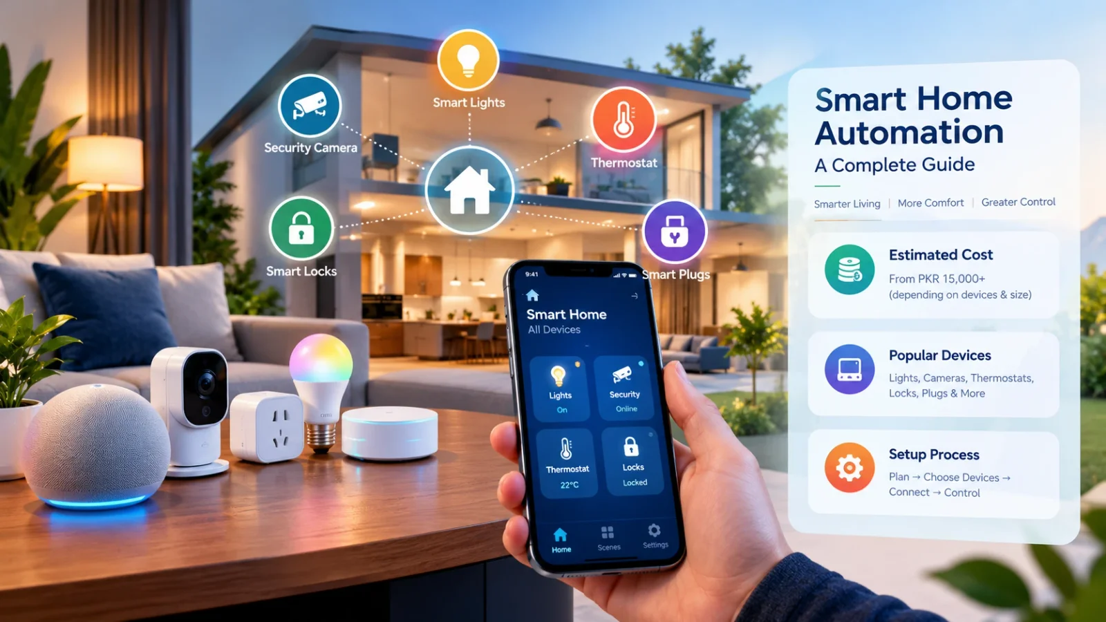Smart home automation: smart lights, cameras, locks, thermostat and plugs controlled from a phone app